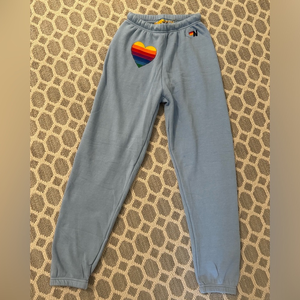 NWT Aviator Nation Rainbow Heart Stitch Sweatpants Ice Small perfect never worn